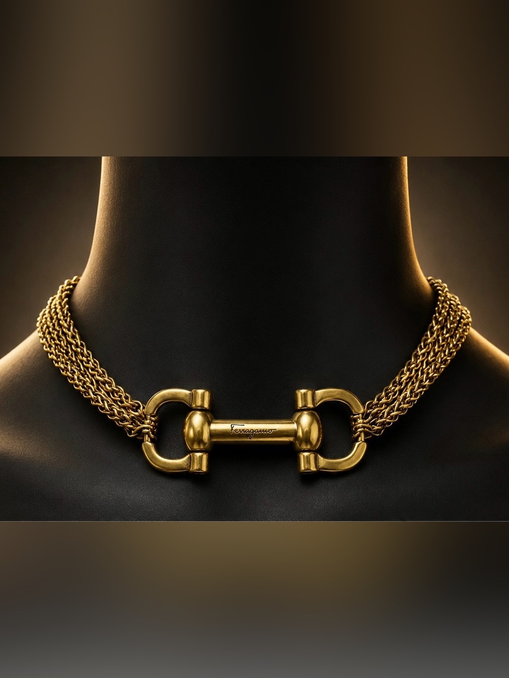 Ferragamo Necklace | Vintage Golden Gancini Horsebit & 15-16” Spiga Choker - Picture 12 of 12
